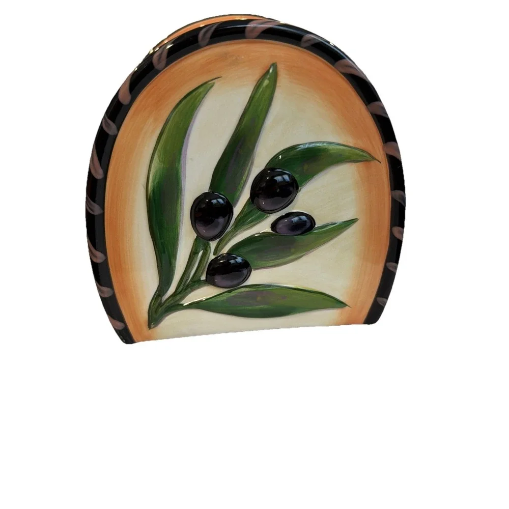 Vtg Clay Art Oliva Rustica Napkin Holder Hand Painted Stone Lite Retired‎